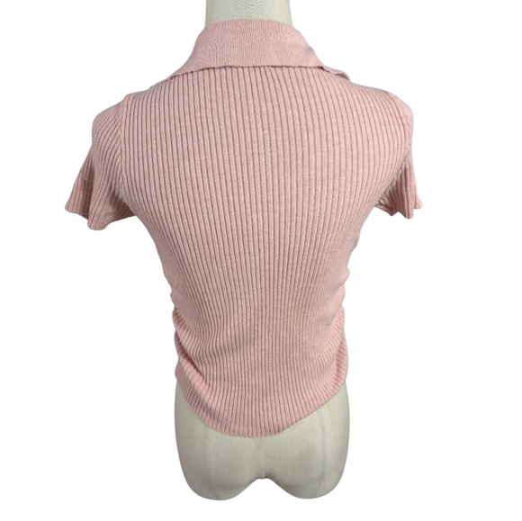 TWEE Pink Ribbed Collared Ruched Sweater Top - Picture 4 of 7